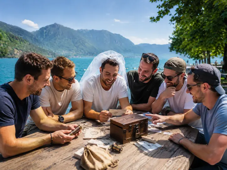 Groupe d’hommes lors d’un EVG à Annecy au bord du lac, avec le futur marié déguisé en mariée autour d’un jeu d’escape game