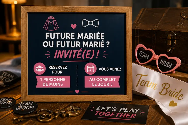 Panneau indiquant que la future mariée ou le futur marié est invité lors d’un EVG ou EVJF à Annecy avec réservation pour une personne de moins